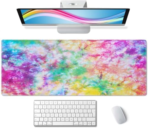 Colorful Tie Dye Pattern Desk Mat, Extended Big Mouse Mat for Home and Office, Large Gaming Mousepad Laptop Keyboard Mat with Non-Slip Rubber Base, Stitched Edges (31.50"x11.8"x0.12")