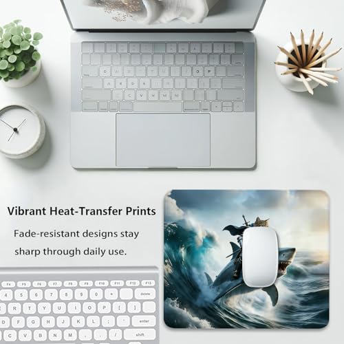 Cat Knight Riding a Shark Mouse Pad, Funny Fantasy Surfing Scene Desk Mat