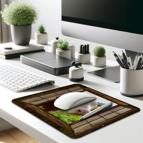 Funny Cow at Rustic Wooden Window Mouse Pad, Farmhouse Durable Desk Mat