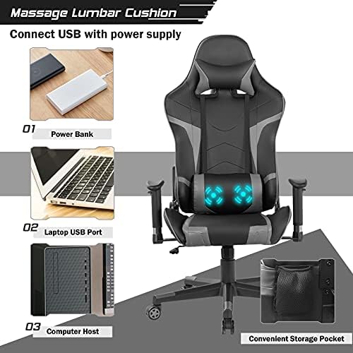 GYMAX Gaming Chair, Massage Gaming Chairs for Adults with Headrest, Lumbar Support & Armrest, Video Computer Reclining Gaming Chair, Office Desk Gamer Task Chair (Grey)