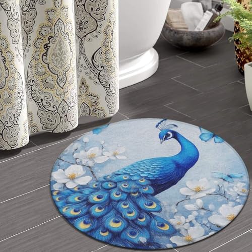 Home Decor Non Slip Kitchen Office Circle Rug, Machine Washable Modern Round Area Rug, Room Sofa Yoga Soft Round Carpet Blue Peacock and White Flowers, 36inch