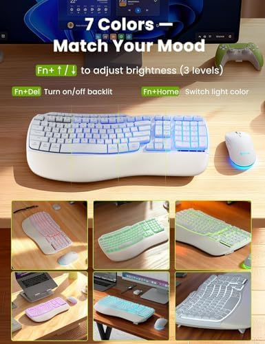 SABLUTE White Wireless Keyboard and Mouse Combo, Light up Ergonomic Keyboard Set, 2.4G Full Size Ergo Wave Key Board with Cushioned Plam Rest, Silent Mouse, for Computer/Laptop/Windows/Mac