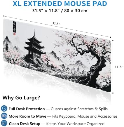 Extended Japanese Sakura Zen Desk Mat, XL Large Gaming Mouse Pad, Cherry Blossom Temple Stitched Edges Waterproof Non-Slip Rubber Base for Computer Keyboard Laptop Work Home Office 31.5"x11.8"