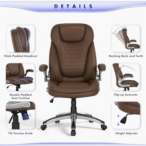 COLAMY High Back Executive Office Chairs Set of 2, Ergonomic PU Leather Desk Chairs with Flip-Up Armrests, Adjustable Height, Lumbar Support, Comfortable Computer Chairs for Home Office, Brown