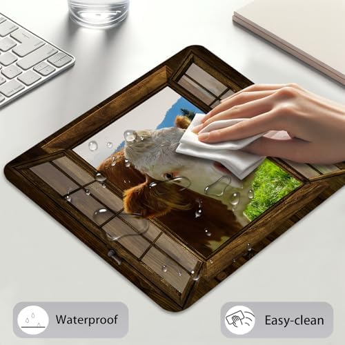 Funny Cow at Rustic Wooden Window Mouse Pad, Farmhouse Durable Desk Mat