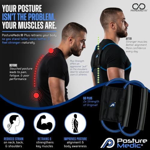 PostureMedic Plus Strength Dynamic Posture Corrector for Athletes – High Resistance Training System for Performance & Recovery – Professional Grade Posture Trainer for Men & Women - Size M (Blue)
