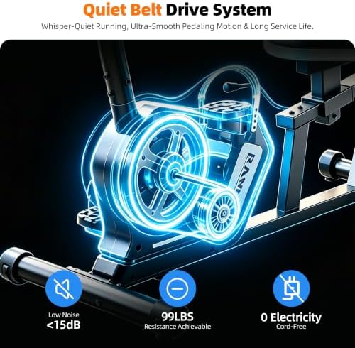 RAMXE Exercise Bikes for Home，Quiet Recumbent Stationary Bikes for Adults & Seniors, 16-Level Resistance Silent,Supports 400LB,Equipped With a Heart Rate Sensor, an LCD Display, and a Bluetooth App