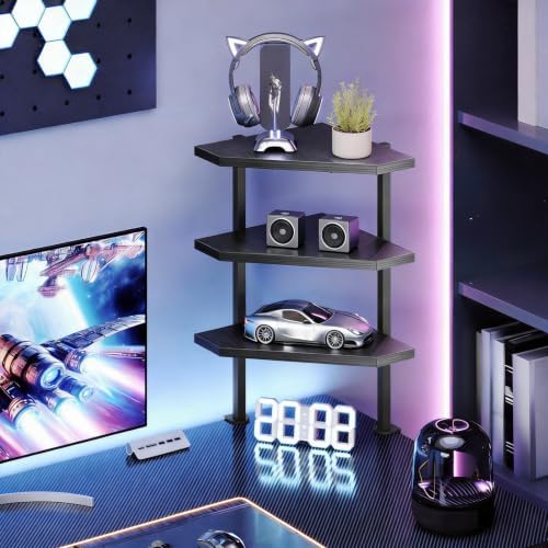 MAHANCRIS Clamp on Desk Corner Organizer, 3-Tier Desktop Shelf, Adjustable Desk Corner Storage Shelf with Metal Frame, for Office, Game Room, Black DSBK5501