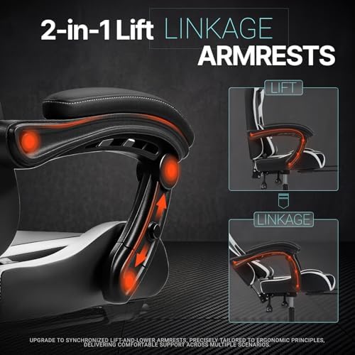 Dowinx Gaming Chair Ergonomic, Massage Lumbar Support, Footrest, Adjustable Height & Headrest Pillow, Heavy Duty 330lbs Office Chair, Comfortable for Back Pain Relief Long Gaming Streaming Black White