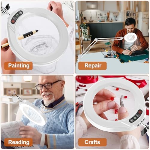 VEEMAGNI 5 Inch Large Real Glass Magnifying Glass with Light and Stand, 5 Color Modes Stepless Dimmable, 2*16 Inch Swivel Arm LED Clamp Desk Lamp, Hands Free 15X Lighted Magnifier for Crafting-White