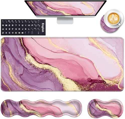 Keyboard Wrist Rest and Mouse Pad with Wrist Support Set Ergonomic Coaster,Memory Foam,Easy Typing Pain Relief,Large XL Desk Mat 31.5"x 11.8",Marble Pretty Pink