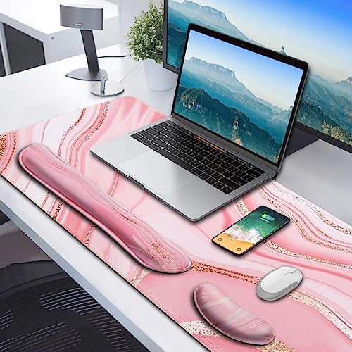 Gimars 4 in 1 Mouse Pad and Keyboard Wrist Rest Set, Large Mouse Pad with Memory Foam Wrist Support Pad for Desk with Coaster, Easy Typing Pain Relief, Gaming Office Home, 31.5x12 inch, Pink Golden