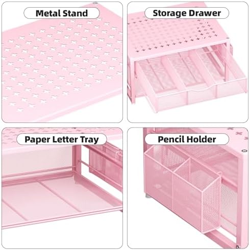Marbrasse Metal Printer Stand for Desk with Storage Drawer and 2 Pen Holders, 2-Tier Desktop Organizer Printer Table for Home Office, Multi-Purpose Desk Organizer for Fax Machine Scanner Files(Pink)