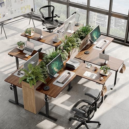 TIQLAB L Shaped Standing Desk Adjustable Height, Electric Corner Standing Desk, 63 x 55 inch Sit Stand Computer Table with Splice Board, Black Walnut