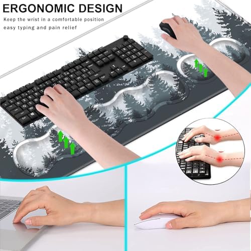 Keyboard Wrist Rest and Mouse Pad with Wrist Support Set Ergonomic Coaster,Memory Foam,Easy Typing Pain Relief,Large XL Desk Mat 31.5"x 11.8",Misty Forest Tree