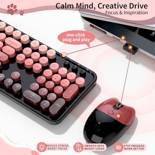 Wireless Keyboard and Mouse, 104 Round Keycaps Retro Typewriter