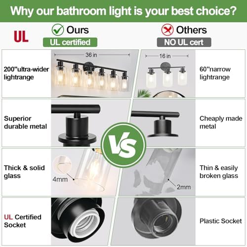 Zarbitta 6-Light Bathroom Light Fixtures, Black Modern Vanity Lights with Clear Glass Shade, Bathroom Wall Lamp for Mirror Kitchen Living Room Hallway Cabinet