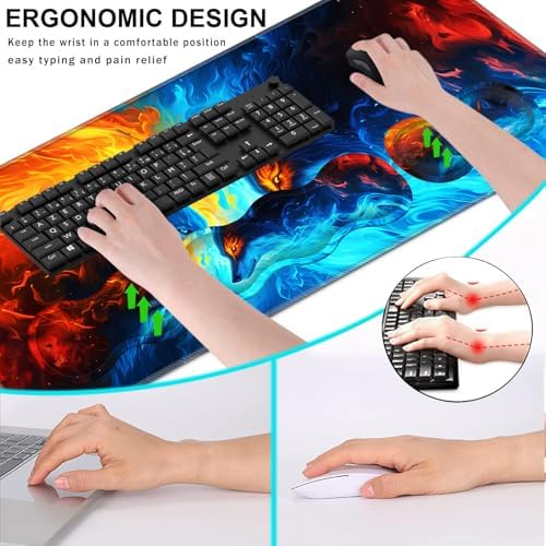 Keyboard Wrist Rest and Mouse Pad with Wrist Support Set Ergonomic Coaster,Memory Foam,Easy Typing Pain Relief,Large XL Desk Mat 31.5"x 11.8",Ice Wolf and Fire Wolf