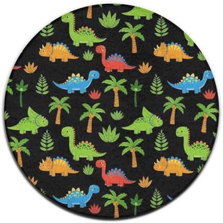 Fashion Round Area Rug Large Non Slip Carpet Unisex Home Decor Mat Cute Colorful Cartoon Dinosaurs Black, 36inch