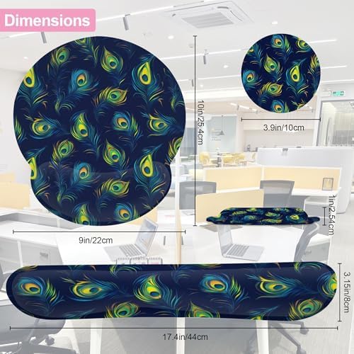 Blue Peacock Feather Keyboard Wrist Rest Pad and Mouse Pad Wrist Support Set,3-in-1 Ergonomic Mouse Pad with Non-Slip Rubber Base for Home Office Game Computers Desk,