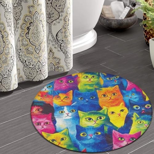 Highly Premium Quality Floor Mat, Office Chair Decor Mat, Room Sofa Yoga Soft Round Carpet Colorful Cats Art, 60inch