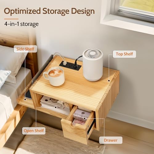 Afuly Floating Nightstand with Charging Station Bedside Table with Drawer