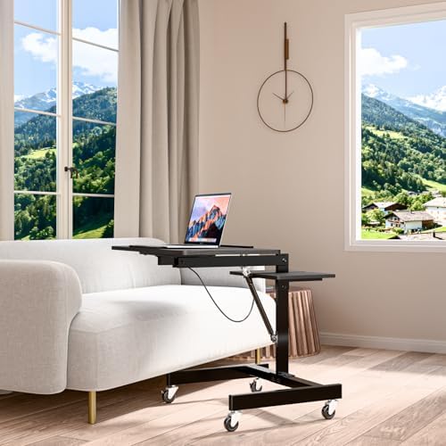 Mobile Standing Desk with Wheels, Height Adjustable Laptop Table, 27.56 Inch Portable Ergonomic Workstation with Locking Casters & Tilting Top, Black