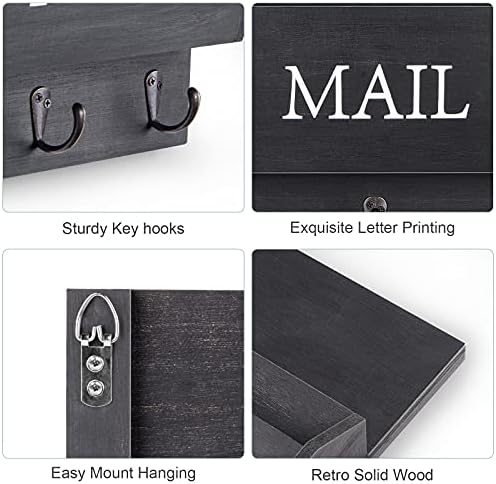 DLQuarts Solid Wood Mail Organizer with Key Holder for Wall, Mail Sorter Wall Mounted, Decorative Wooden Key and Mail Holder with 3 Hooks, Matte Black