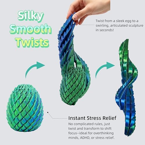 3D Printed Fidget Toy, Twisty Dragon Eggs, Spiral Slippery Egg Fidget Toy, Stress Relief Sensory Desk Toy for Adults and ADHD, Rotating Focus Anxiety Relief Pocket Toy (Bluegreen)