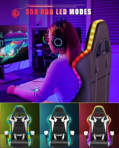 Bigzzia Gaming Chair with RGB LED Lights, High Back Ergonomic Computer Gamer Chair with Headrest and Lumbar Support, Racing Style Reclining Game Chair for Adults, Kids(Black/White)