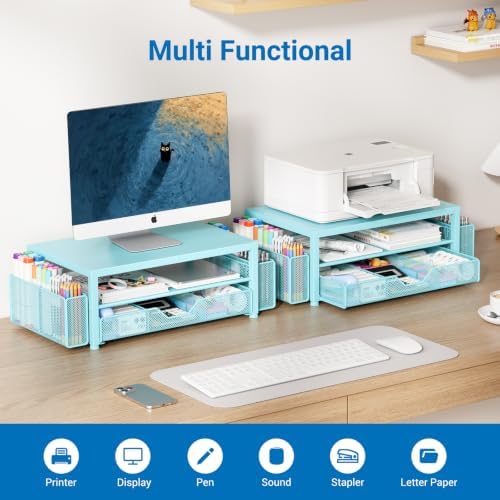 OPNICE Desk Organizers and Accessories, Computer Monitor Stand Riser with Drawer and 2 Pen Holders, Printer & Laptop Stand, Office Desk Accessories & Workspace Organizers for Home Office Supplies, Soft Blue