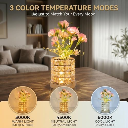 Flower Table Lamps, Rechargeable Cordless Small Desk Lamp, 3 Colors Dimmable Artificial Flowers Night Light, Fake Bouquet Carnation with Crystal Vase Gifts for Girl Women Mom (Pink - Carnation)