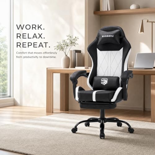 Mid Back Gaming Chair with Footrest, 90°-135° Reclining Computer Chair with Headrest and Lumbar Pillow, Linked Armrests, Height Adjustable 360° Swivel Rolling Office Chair (Black-N)