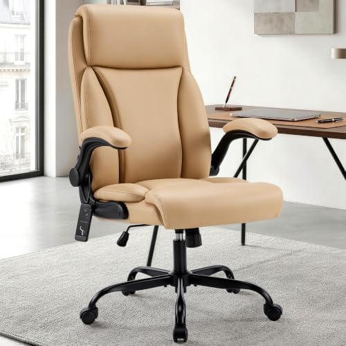 Heated Office Chair, Reclining Desk Chair with Constant Warm Heat, Big and Tall Executive PU Leather Chairs for Heavy People, Ergonomic Wider & Thicker Seat Cushion Gaming Chairs (Khaki)