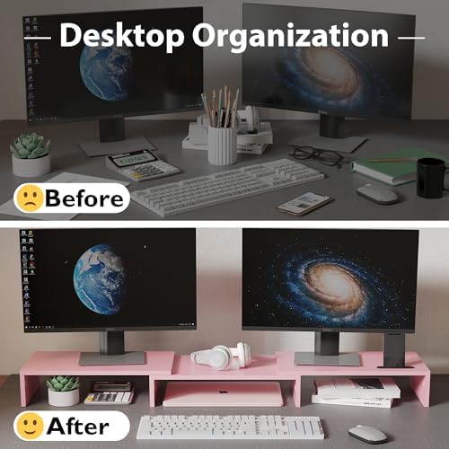 BONTEC Dual Monitor Stand Riser, Adjustable Length & Swivel Angle, Pink