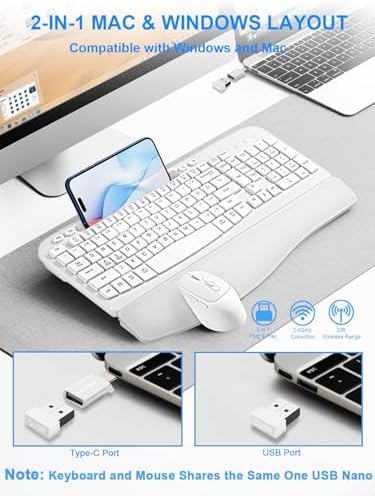 Hayyiesh Ergonomic Wave Keys Wireless Keyboard and Mouse Combo, Full Size with Memory Foam Wrist Rest & Phone Holder, 2.4G Cordless Set with USB-C Adapter for Windows Mac Desktop Laptop (White)