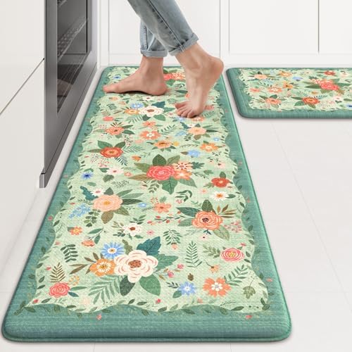 KIMODE Anti Fatigue Mats for Kitchen Floor Green Farmhouse Kitchen Rugs