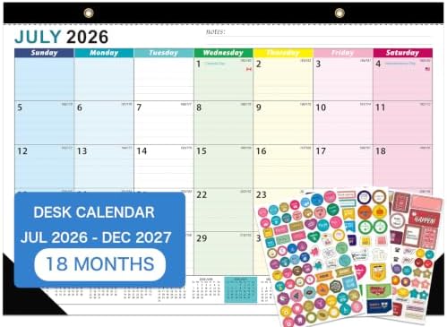 Desk Calendar 2026-2027 - 18 Month Desk Calendar july 2026-2027 Dec, 17" x 12", Large Desk Calendar with Thick Paper, Plastic Cover, Stickers, Home or Office Calendar for Easy Organizing