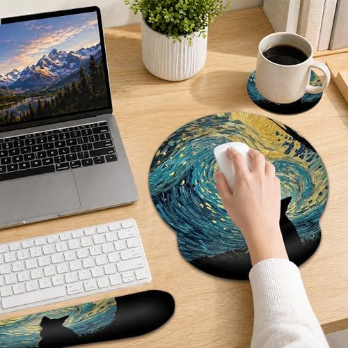 Starry Night Wrist Rest Support for Mouse Pad Keyboard Set, Cat Mouse Pad with Non Slip Rubber Base for Home and Office Typing Support