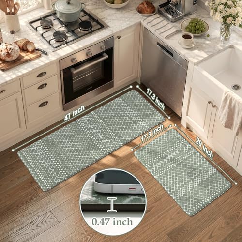 KIMODE Kitchen Mats for Floor Anti Fatigue Green Boho Kitchen Rugs Sets