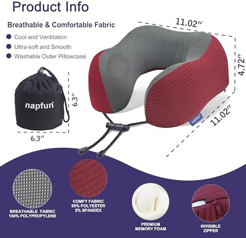 napfun Neck Pillow for Travel, Memory Foam Airplane Pillow, Burgundy