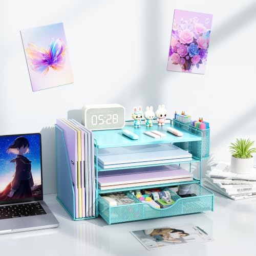 gianotter Desk Organizers and Accessories with File Holder, 4-Tier Desk Accessories & Workspace Organizers with Drawer and 2 Pen Holder, Desk Reference Organizer (Blue, 4T with Metal Drawer)