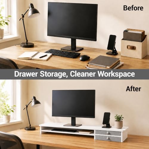 Dual Monitor Stand, 42.5 Inch Wood Monitor Riser with Drawers, 2 Tier Desktop Organizer for Computer Laptop TV, Large Screen Stand for Home Office Desk