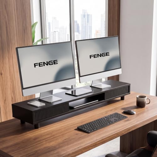 Fenge Dual Monitor Stand with Storage, Desk Shelf with Glass Sliding Door
