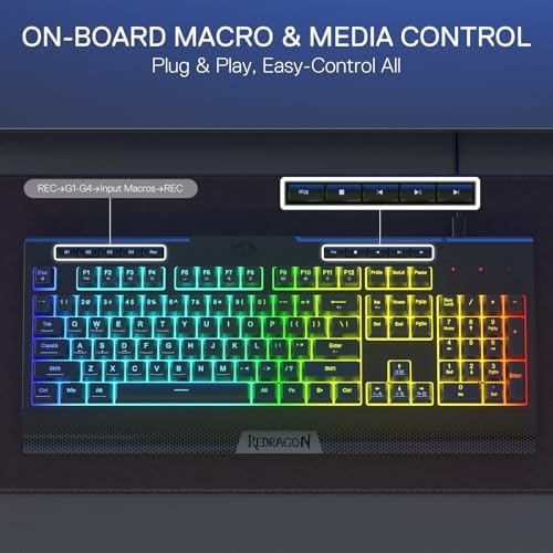 Redragon K525 RGB Backlit 104 Keys Wired Membrane Gaming Keyboard w/ 5 Multimedia Keys & 4 Extra On-Board Macro Keys, Dedicated Media Control, Ergonomic Wrist Rest, Linear Mechanical-Feel Switch