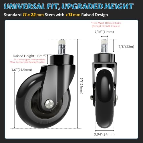Onemake 3" Office Chair Wheels Replacement with Dust Covers, Set of 5