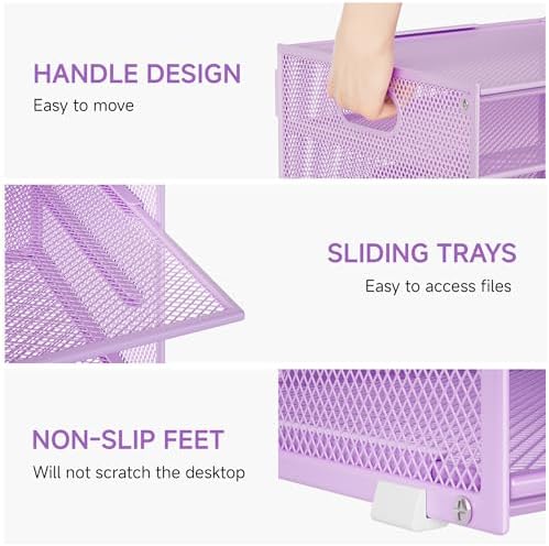 Lavatino 3-Tier Letter Tray Desk Organizer, Mesh Paper File Tray Organizer for Desk, Office Supplies & Home Organization, Fits A4 Paper, Mail, Magazines & Office Accessories (Purple with Handle)