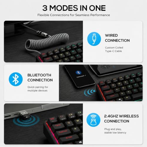 RK ROYAL KLUDGE RK61 60% Wireless Mechanical Keyboard w/Coiled Cable, Black