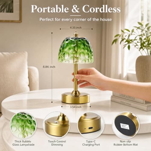 Mini Rechargeable Cordless Touch Table Lamp, Battery Powered, Green Bubble Glass Shade, 2600mAh, 3 Color Temperatures, Stepless Dimming, for Bedside Dresser Bookshelf