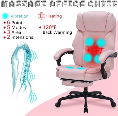 Massage Office Chair with Foot Rest 6 Points Vibration and Heat Home Office Desk Chairs for Heavy People 400lbs Reclining Managerial Chairs Ergonomic Executive Chair (Pink)